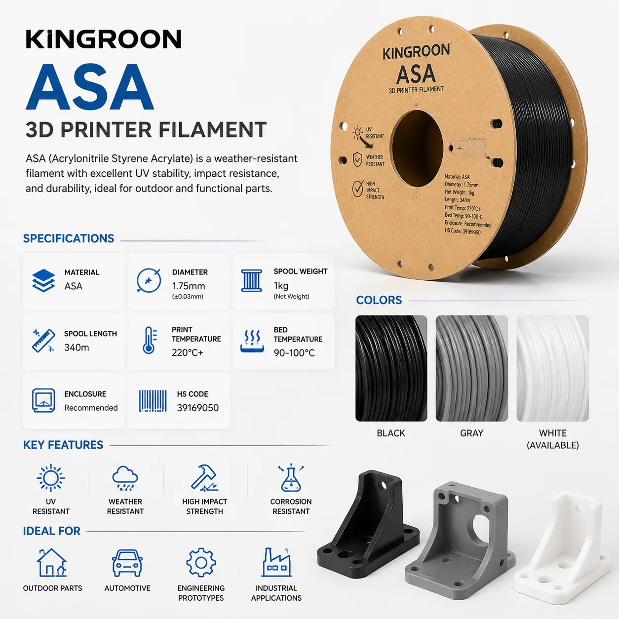 ASA Filament 1.75mm 1kg 340m UV-Resistant Outdoor — Spec Sheet