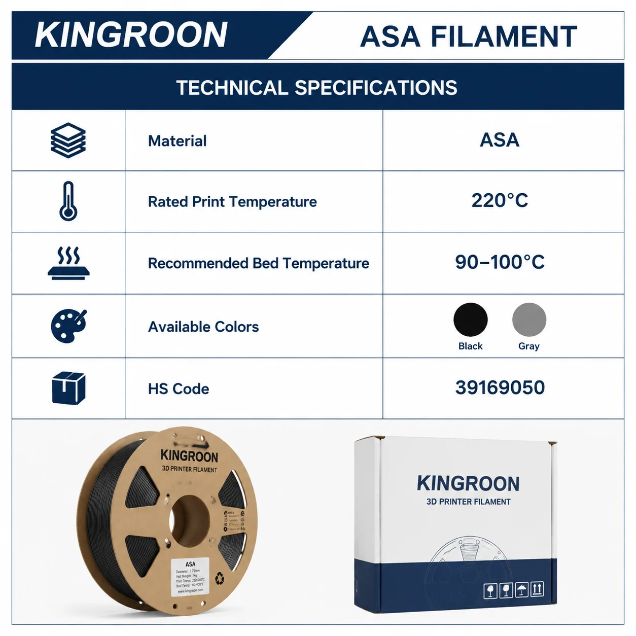 ASA Filament 1.75mm UV Resistant Outdoor Weatherproof Tough — Spec Sheet