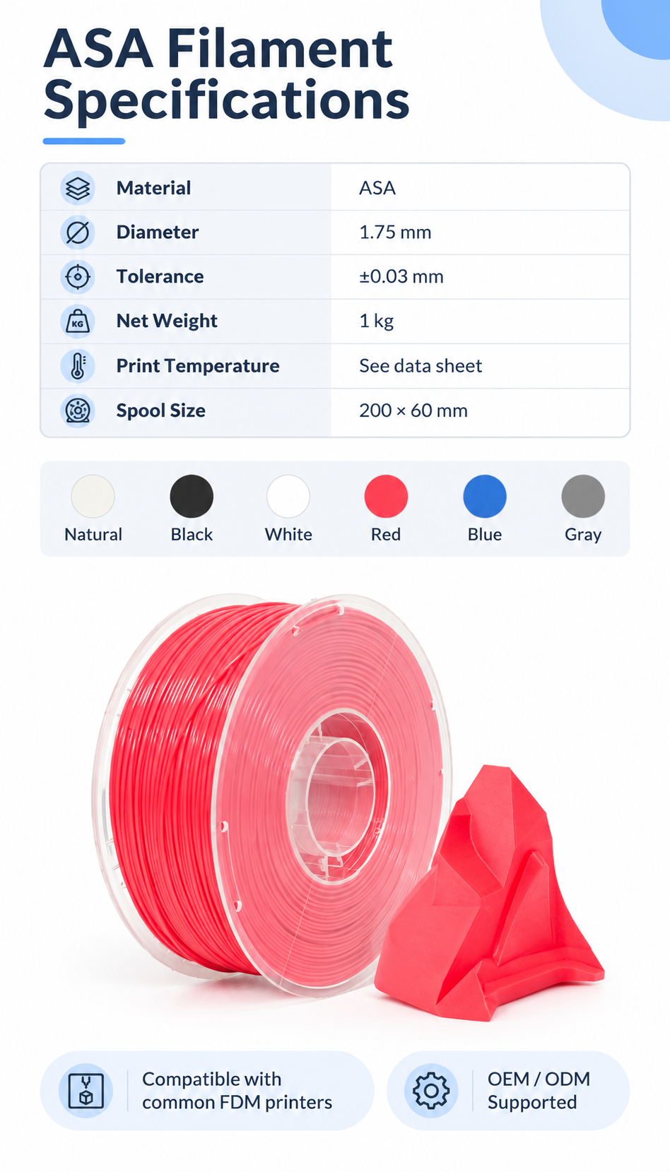 Yiqiu3D ASA Filament 1.75 mm 1 kg Outdoor — Spec Sheet