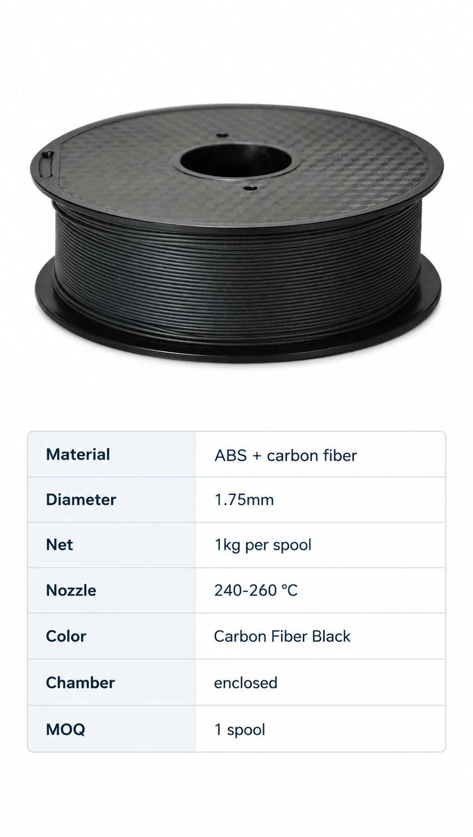 Carbon Fiber ABS Filament 1.75mm 1kg Yiqiu3D Low-Warp Stiffness — Spec Sheet