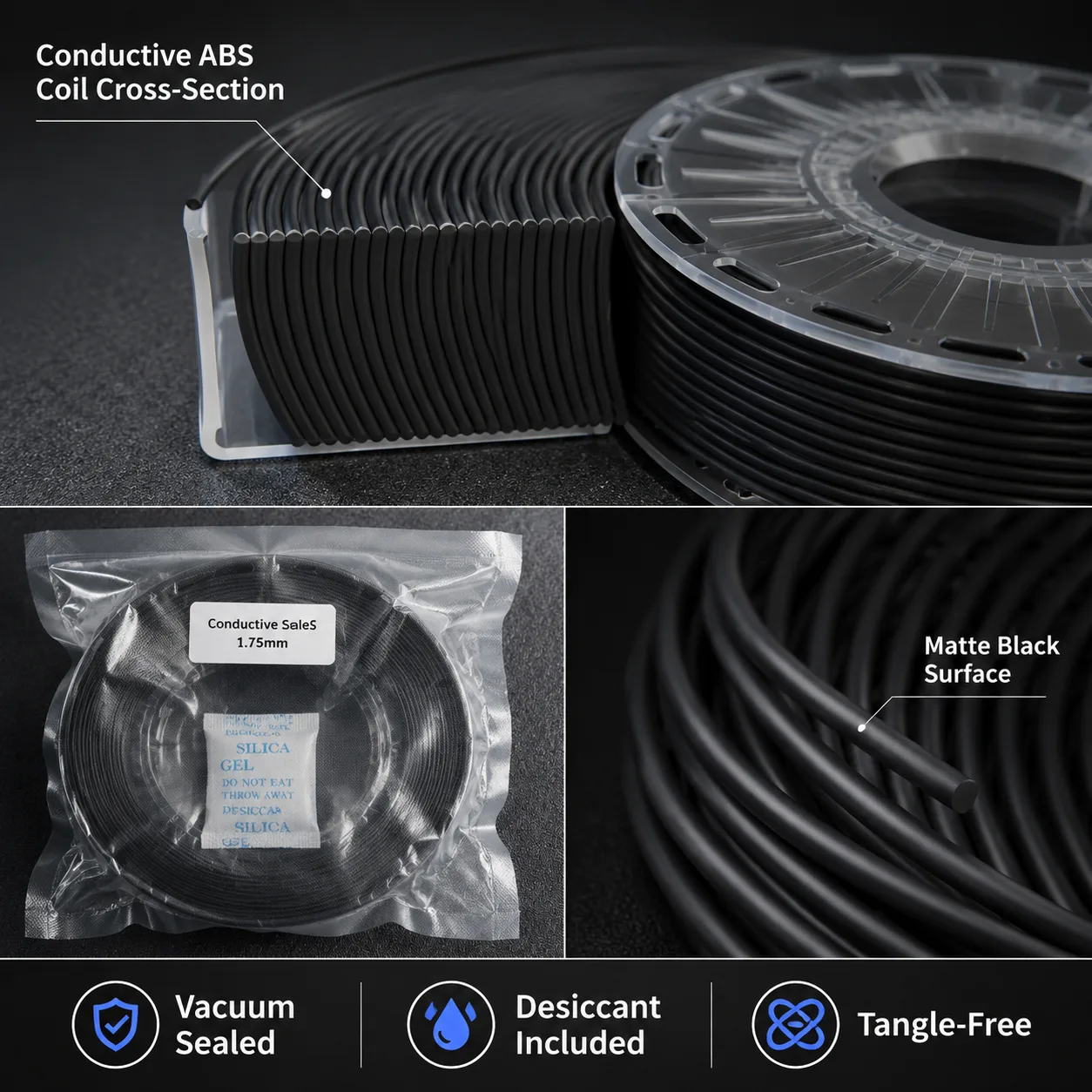 Yiqiu3D Conductive ABS Filament 1.75mm 1kg ESD-Safe Anti-Static High-Toughness — Close-up