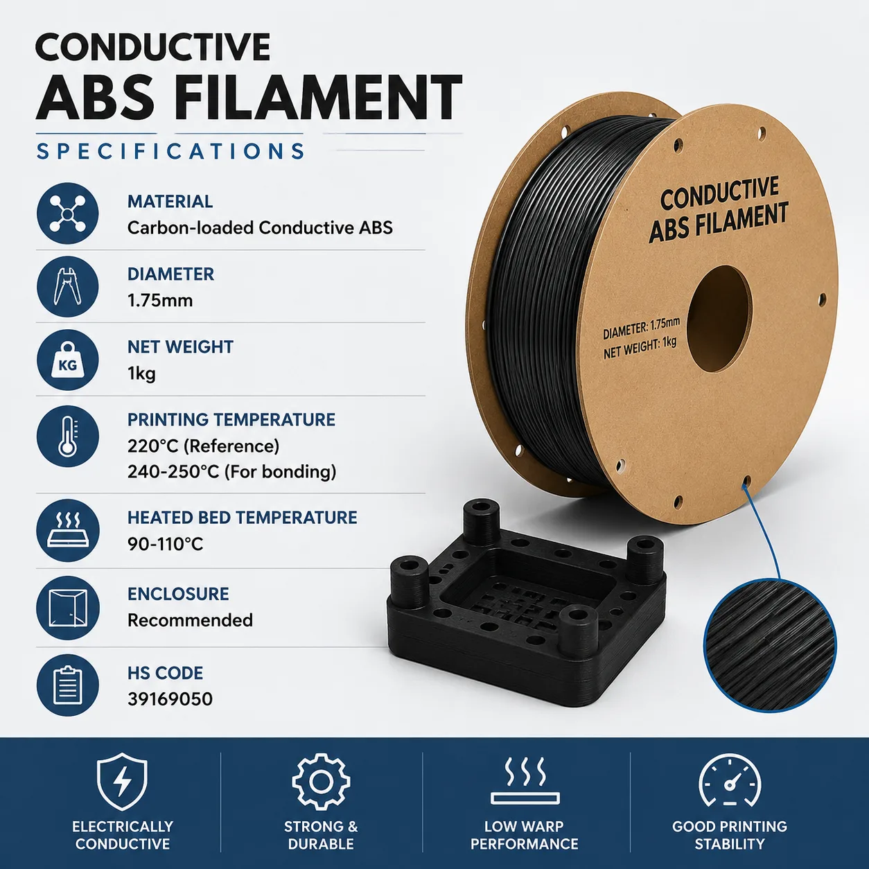 Yiqiu3D Conductive ABS Filament 1.75mm 1kg ESD-Safe Anti-Static High-Toughness — Spec Sheet