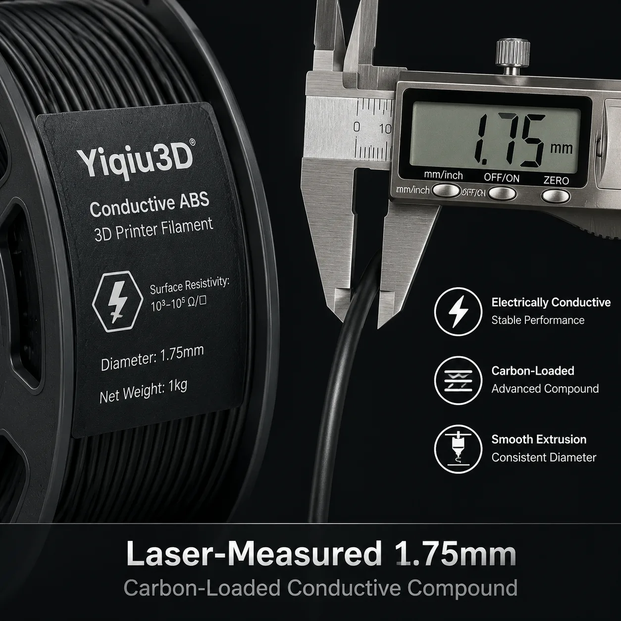 Yiqiu3D Conductive ABS Filament 1.75mm 1kg ESD-Safe Anti-Static High-Toughness — Product Images