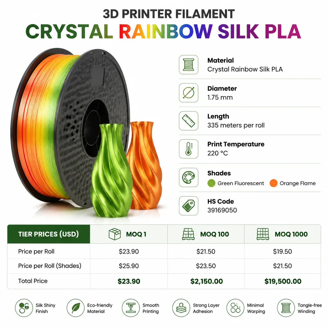 Crystal Rainbow Silk PLA Filament 1.75mm — Spec Sheet