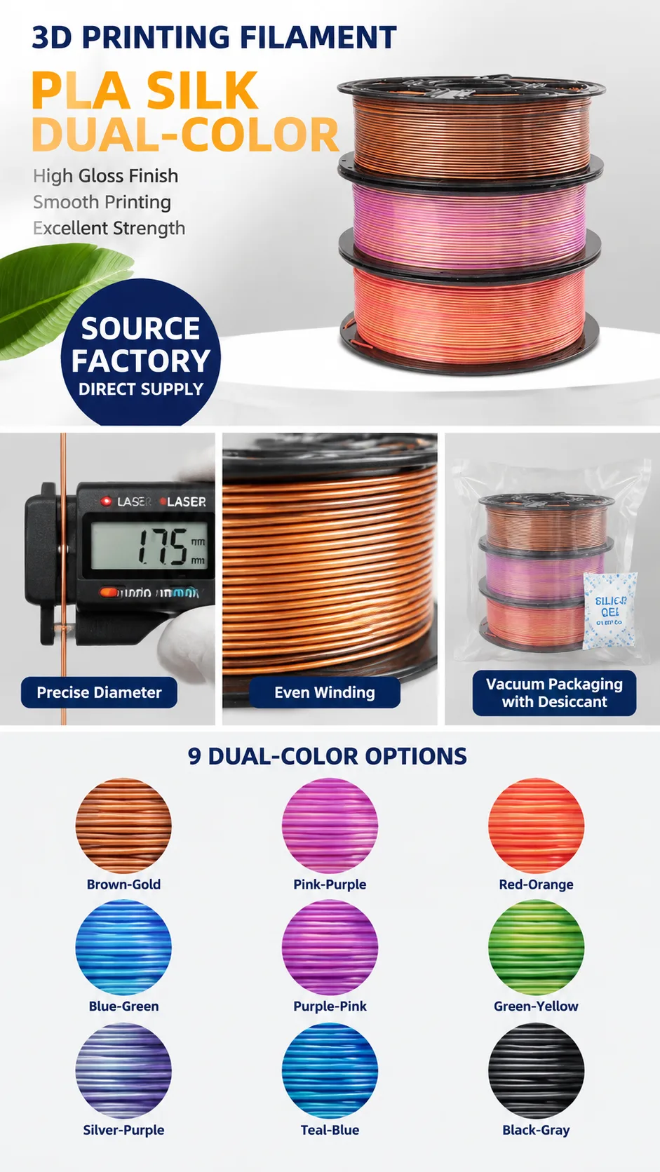 Dual Color Silk PLA Filament 1.75mm 1kg Net Yiqiu3D Dual-Gradient — Close-up