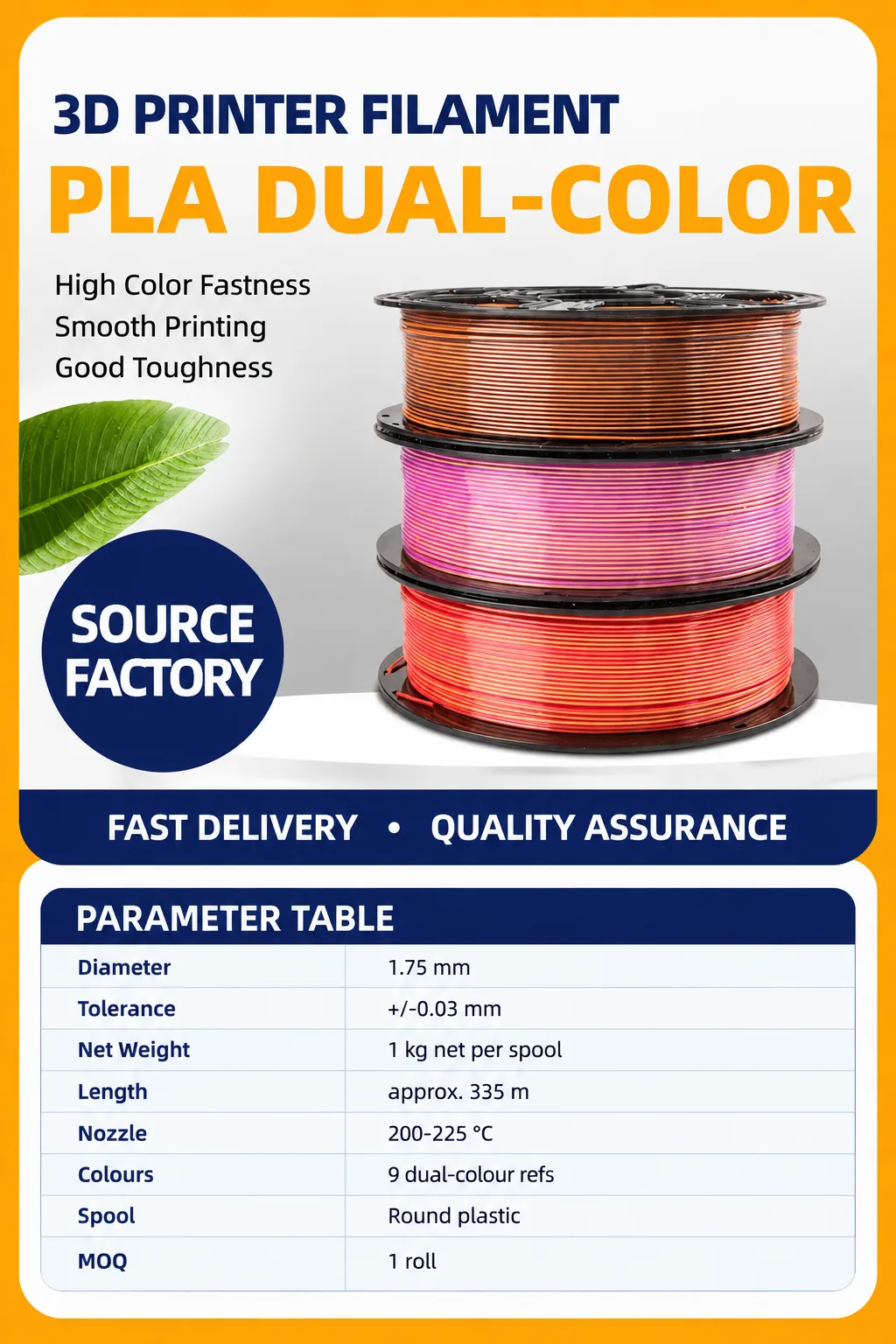 Dual Color Silk PLA Filament 1.75mm 1kg Net Yiqiu3D Dual-Gradient — Spec Sheet