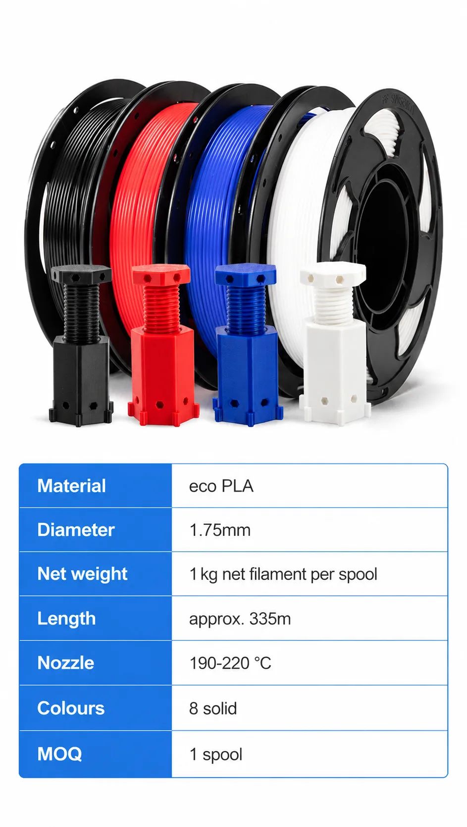 Yiqiu3D Eco-Friendly Strong Basic PLA Filament 1.75mm 1kg Solid Colors — Spec Sheet