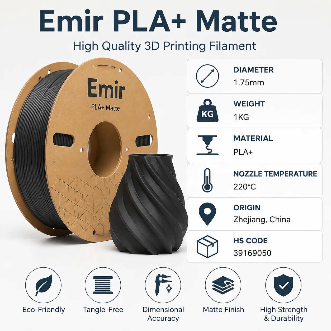 PLA+ Matte Filament 1.75mm 1KG Frosted Texture No Layer Lines 8 Colors Premium Finish — Spec Sheet