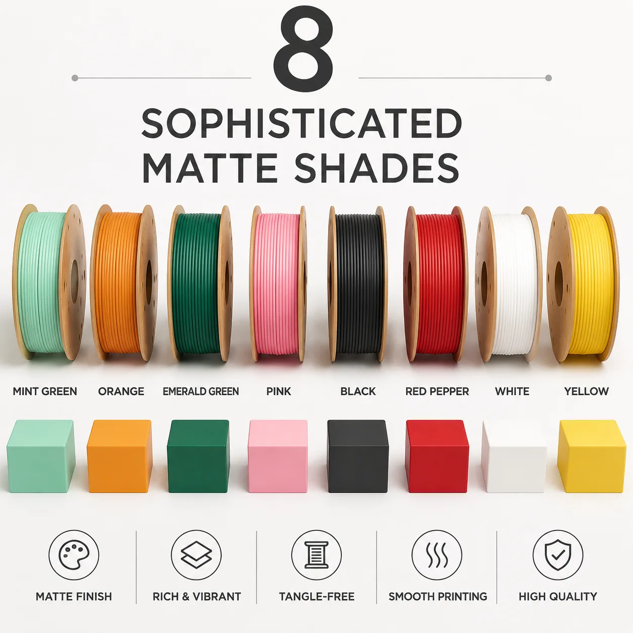 PLA+ Matte Filament 1.75mm 1KG Frosted Texture No Layer Lines 8 Colors Premium Finish — Product Images