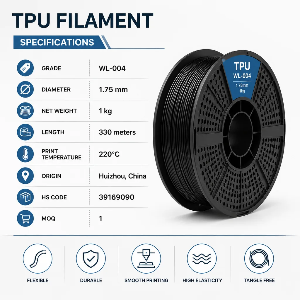 TPU 3D Printer Filament 1.75mm 1kg 330m Flexible Rubber Like — Spec Sheet