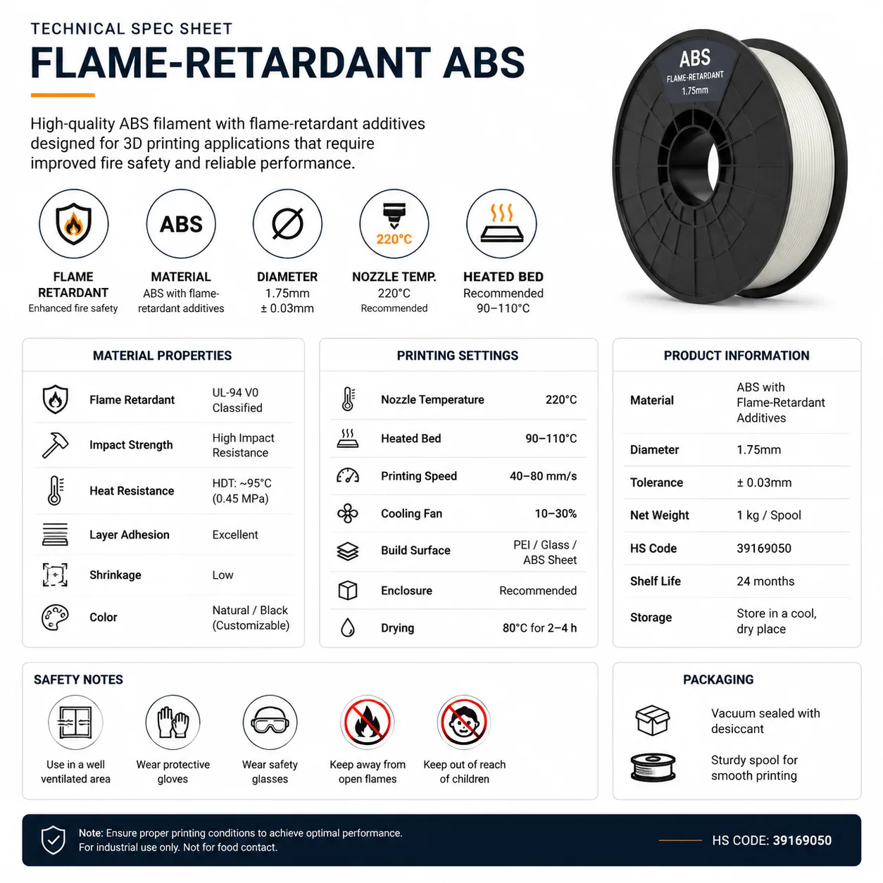 Flame Retardant ABS Filament 1.75mm Fire Resistant — Spec Sheet