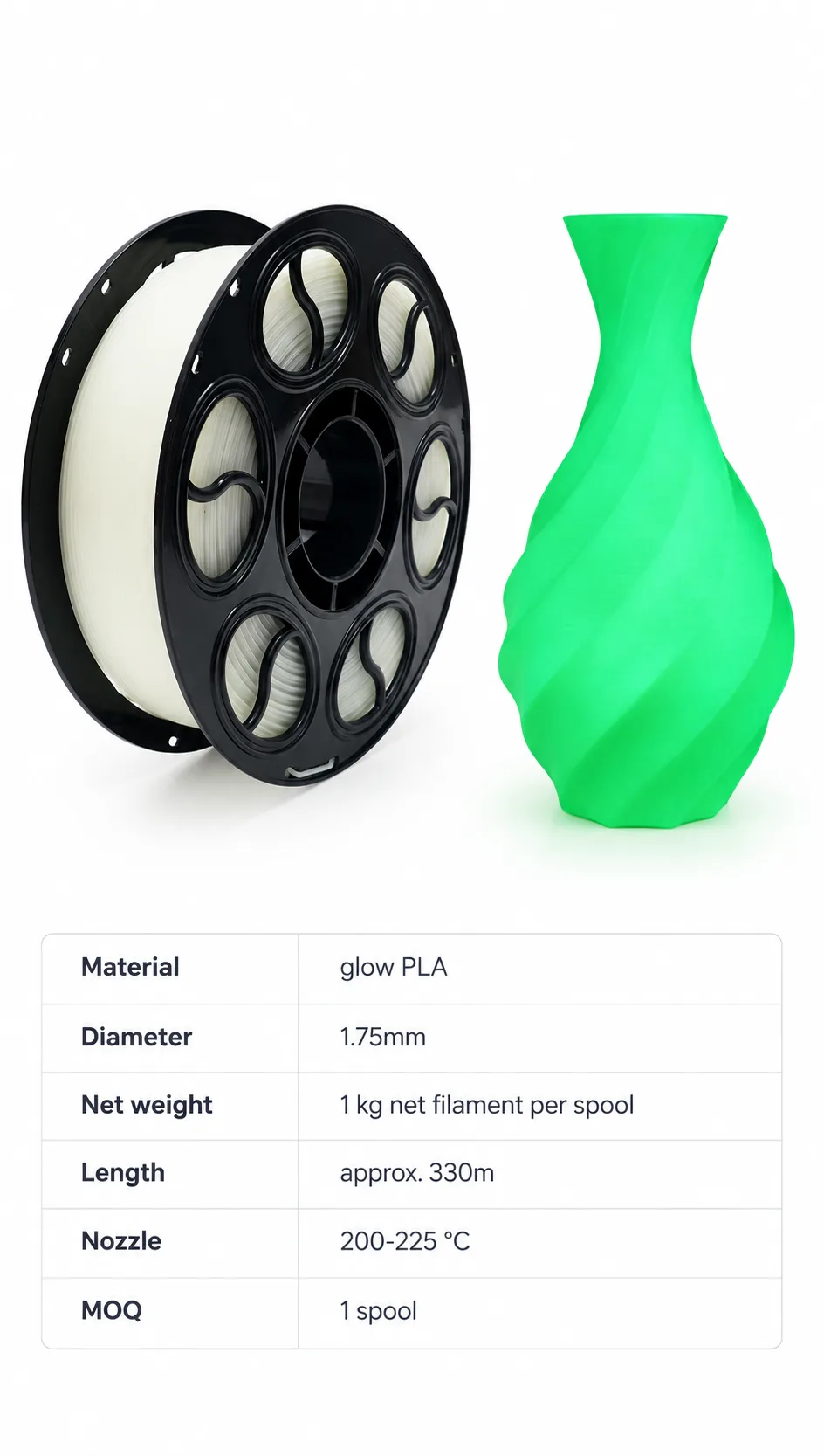Glow in the Dark PLA 1.75mm 1KG — Spec Sheet