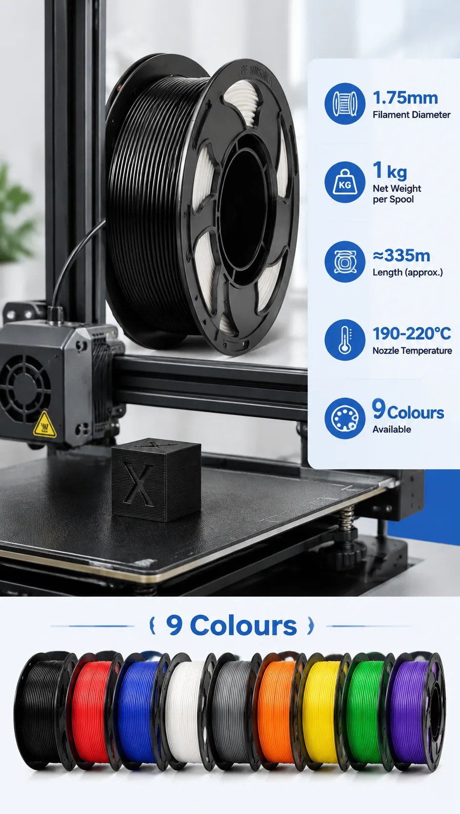 Yiqiu3D High-Speed Basic PLA Filament 1.75mm 1kg Solid Color White Red Blue — Spec Sheet