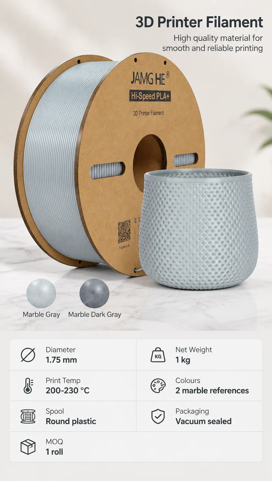Marble Black PLA Plus Filament 1.75mm 1kg Yiqiu3D Marble Swirl — Spec Sheet
