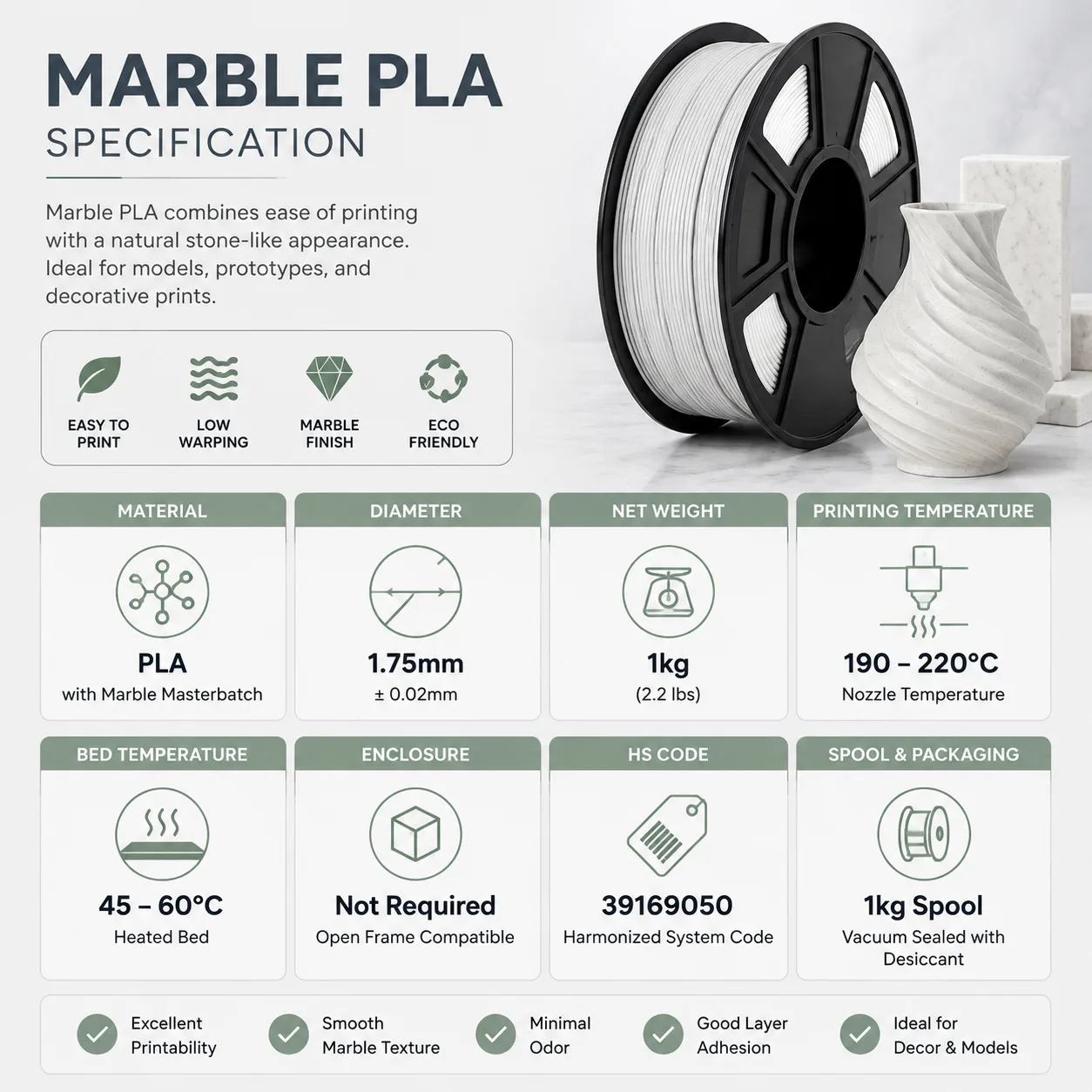 Yiqiu3D Marble PLA Filament 1.75mm 1kg Realistic Stone Texture 8 Marble Tones — Spec Sheet
