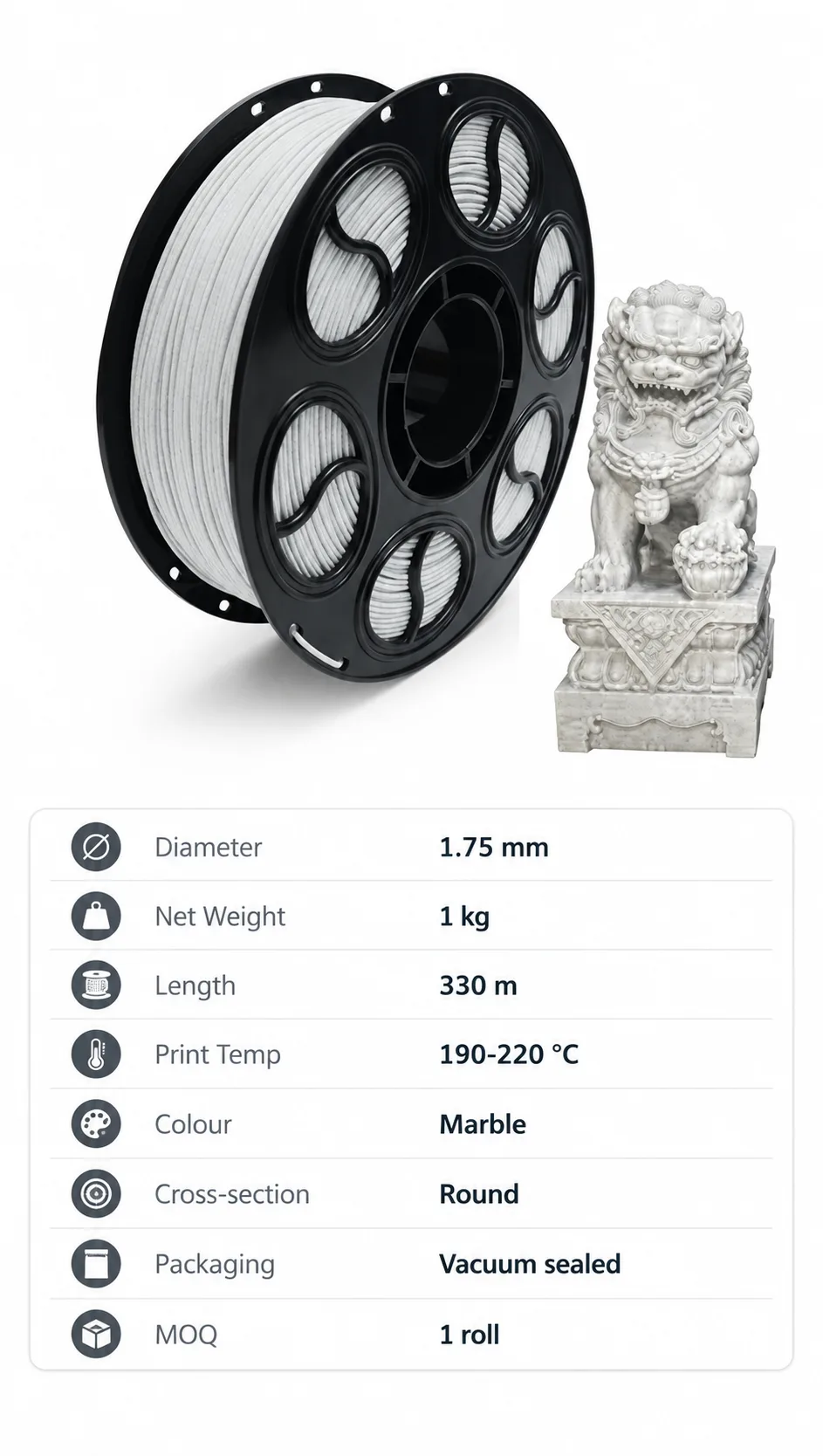 Marble PLA Filament 1.75mm 1kg Yiqiu3D Marble Swirl Texture — Spec Sheet