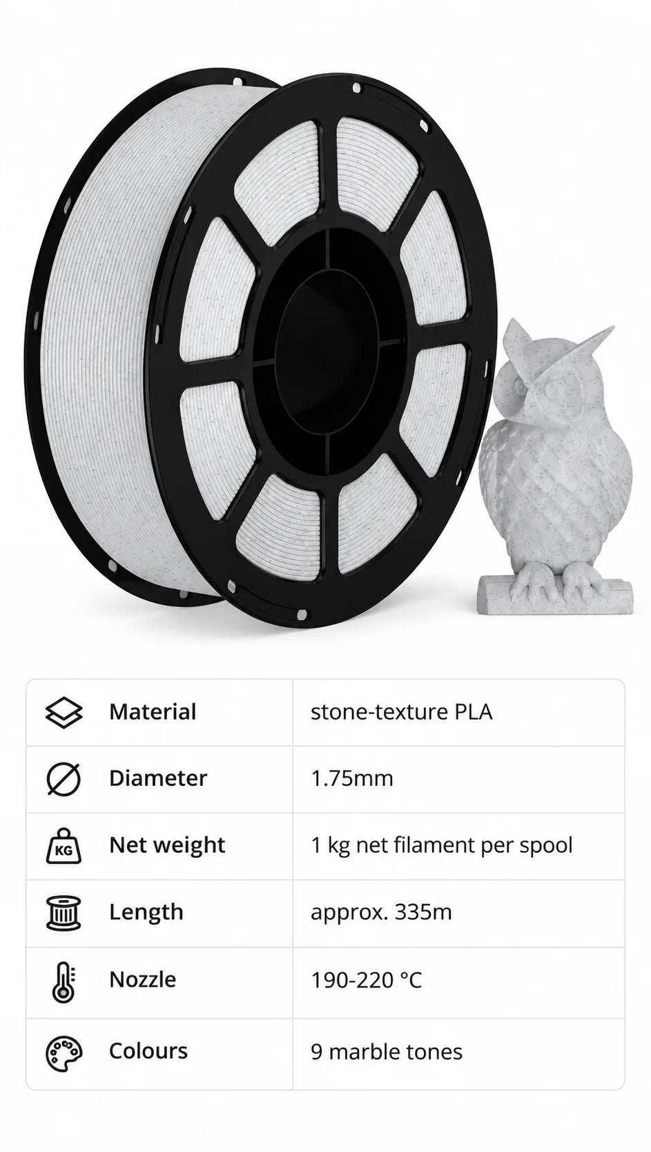 Marble PLA 3D Printer Filament Stone-Texture Finish 8 Marble Tones Architectural Decor — Spec Sheet