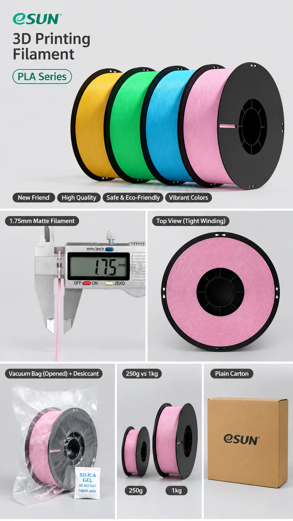 Matte PLA Filament 8 Pack 1.75mm 8x250g Color Sampler — Close-up