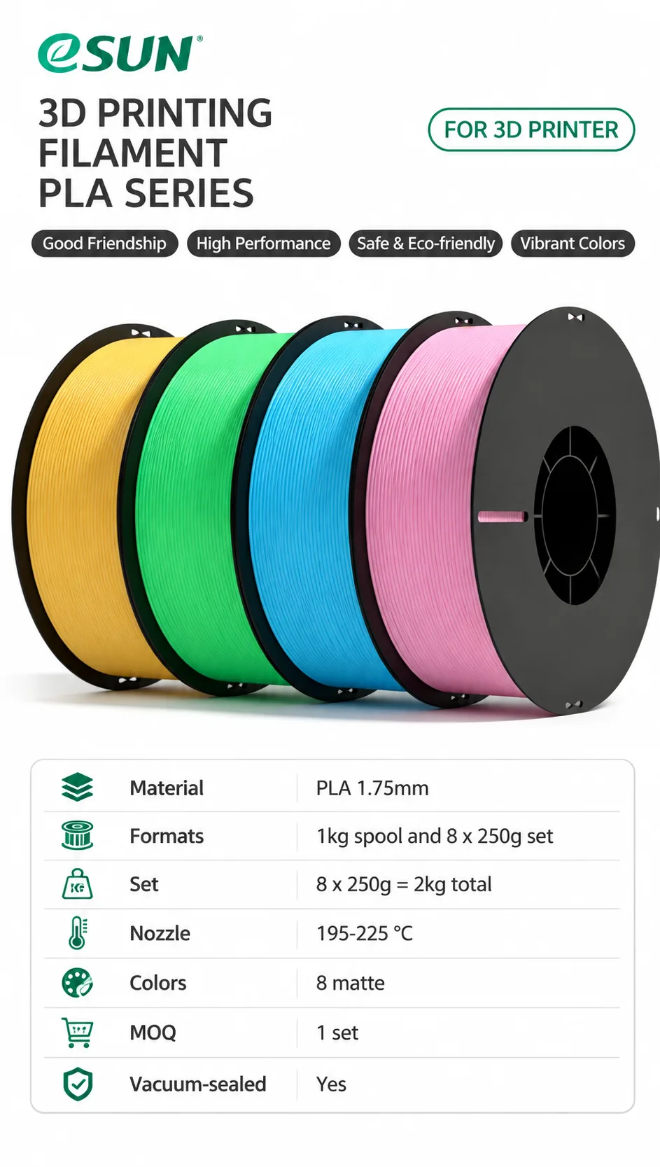 Matte PLA Filament 8 Pack 1.75mm 8x250g Color Sampler — Spec Sheet