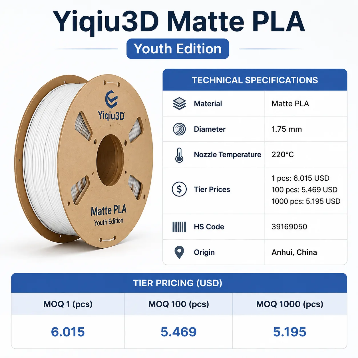 Yiqiu3D Matte PLA Youth Edition 1.75mm — Spec Sheet