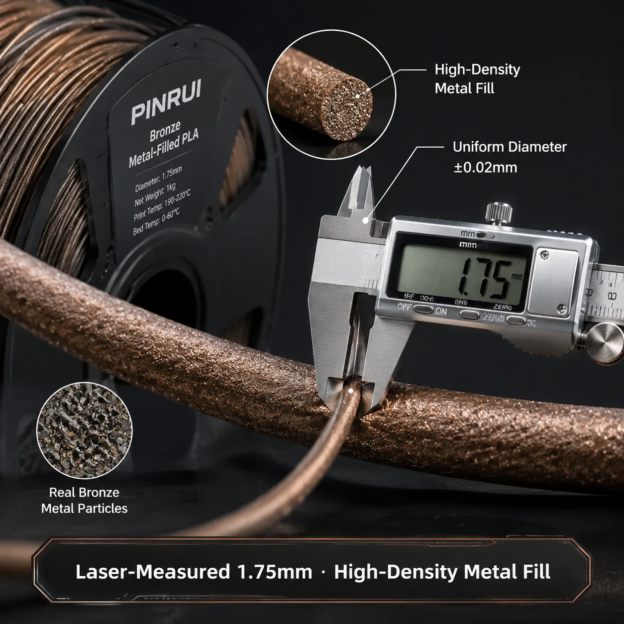 Metal-Filled PLA Filament 1.75mm 1kg High-Density Bronze Brass Copper Magnetic — Product Images