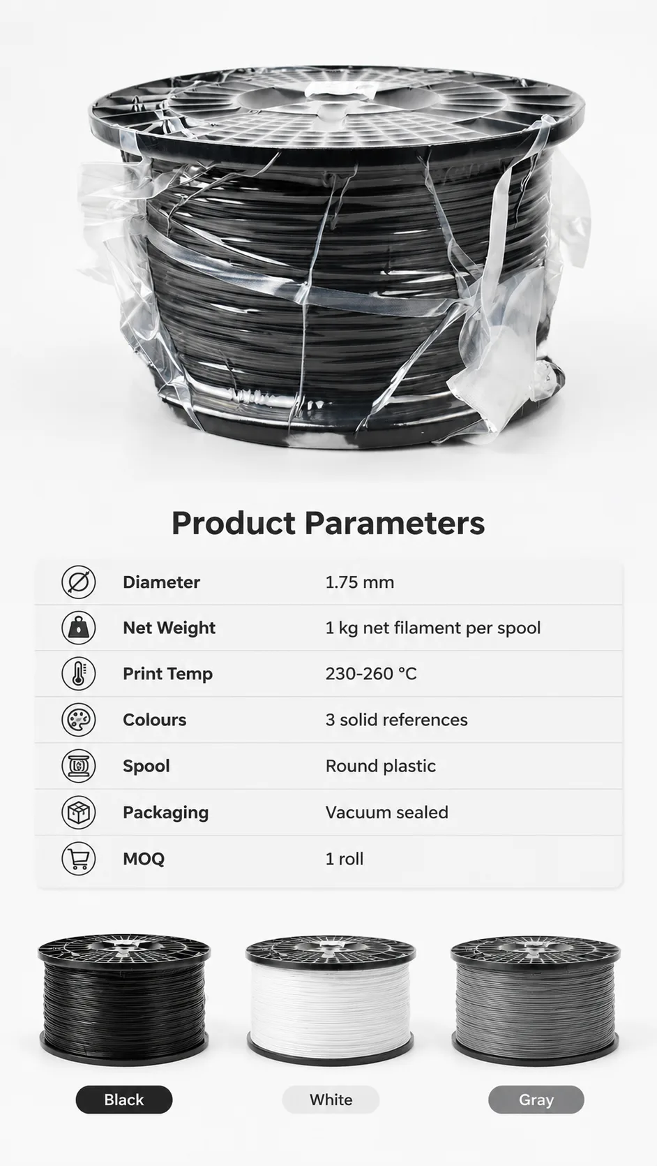 PETG Filament Black 1.75mm 1kg Yiqiu3D Tough Layer Bonding — Spec Sheet