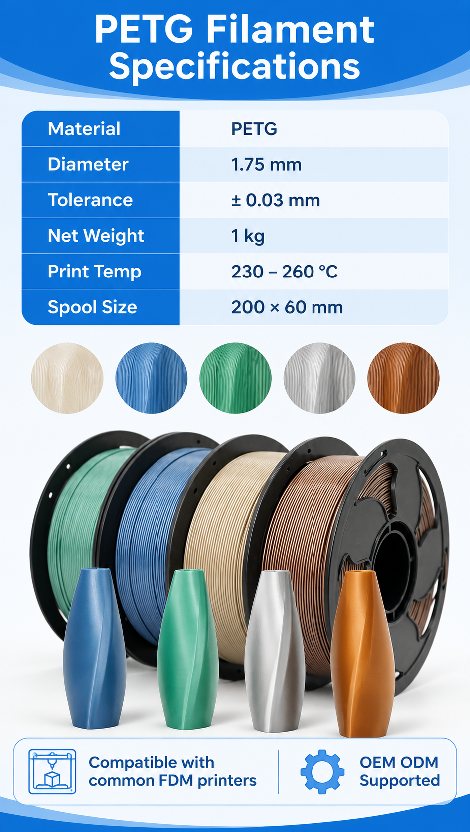 Yiqiu3D PETG Filament 1.75mm 1kg Metallic Shimmer Collection, 8 Metal Tones, Tough Parts, Bambu Lab Prusa — Spec Sheet