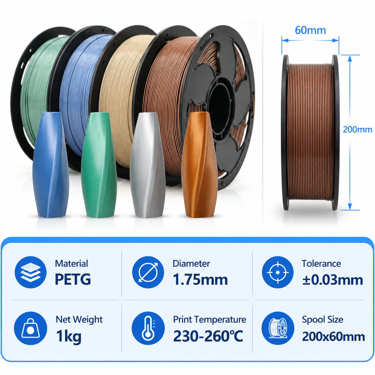Yiqiu3D PETG Filament 1.75mm 1kg Metallic Shimmer Collection, 8 Metal Tones, Tough Parts, Bambu Lab Prusa — Product Images