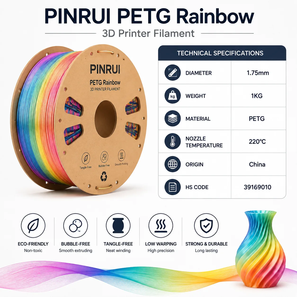 PETG Rainbow Filament 1.75mm 1KG Gradient Macaron Cosmic Colors Durable Art — Spec Sheet
