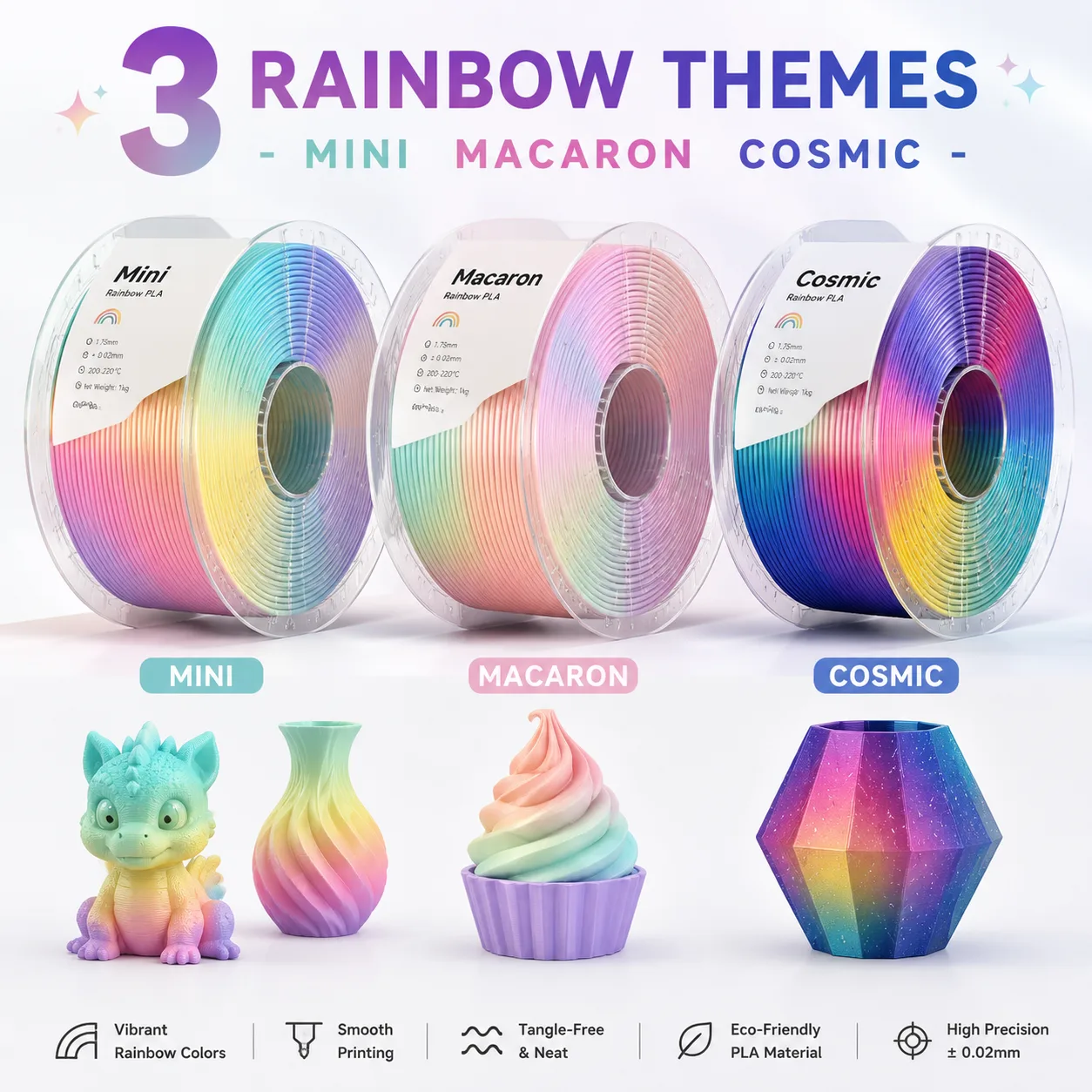 PETG Rainbow Filament 1.75mm 1KG Gradient Macaron Cosmic Colors Durable Art — Product Images