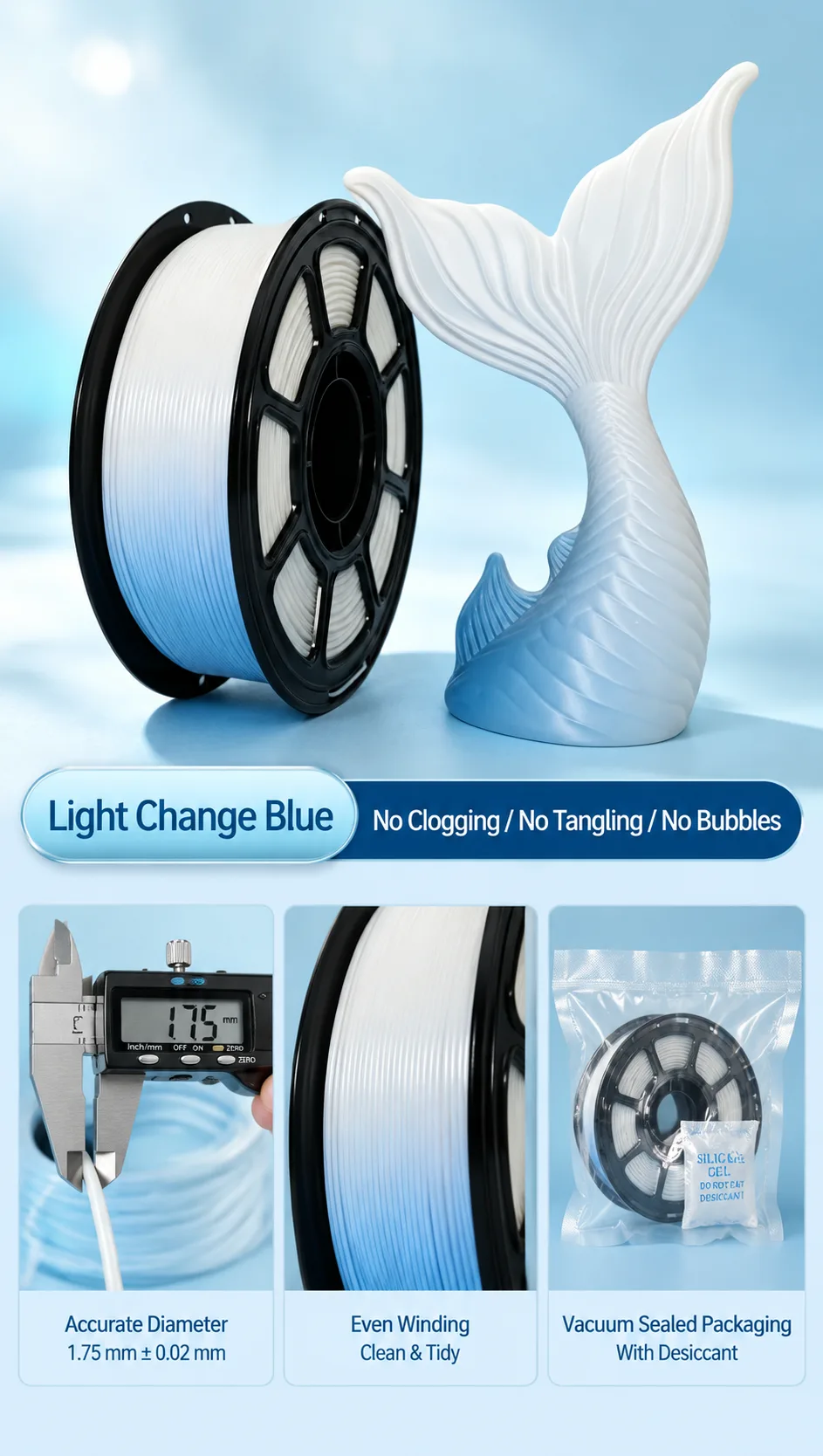 Yiqiu3D Photochromic PLA Filament 1.75mm UV Color Changing Blue Purple Red Moulding 3D Printer — Close-up