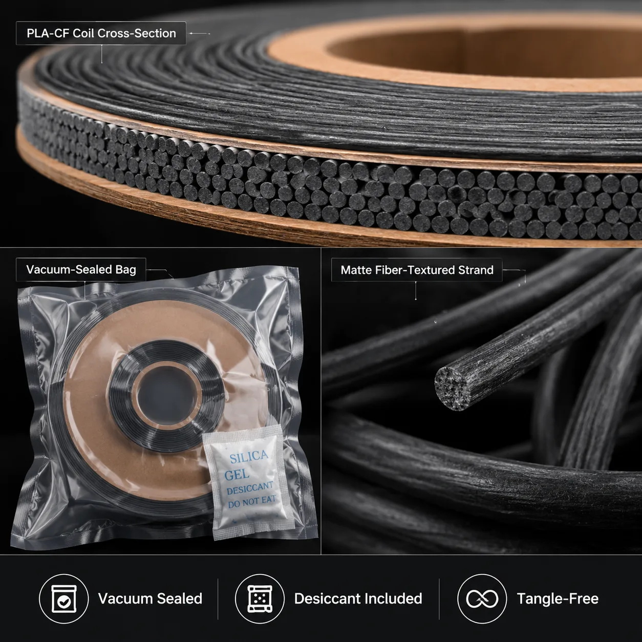 PLA-CF Carbon Fiber Filament 1.75mm 1kg Lightweight High-Stiffness Matte Lava Gray — Close-up