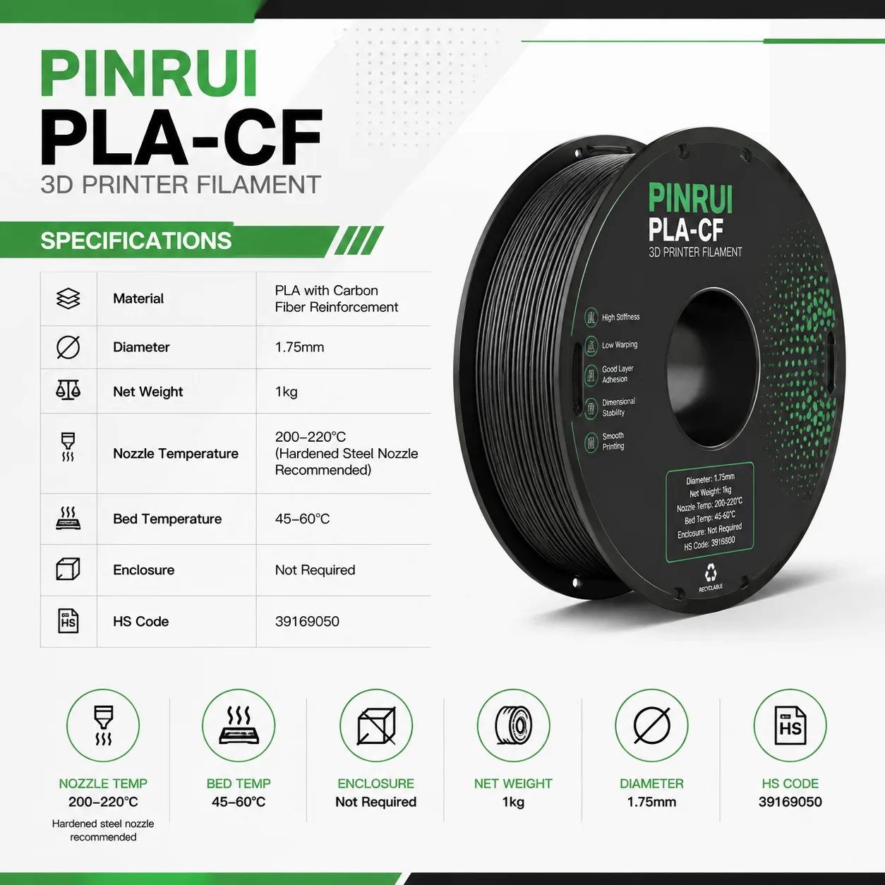 PLA-CF Carbon Fiber Filament 1.75mm 1kg Lightweight High-Stiffness Matte Lava Gray — Spec Sheet