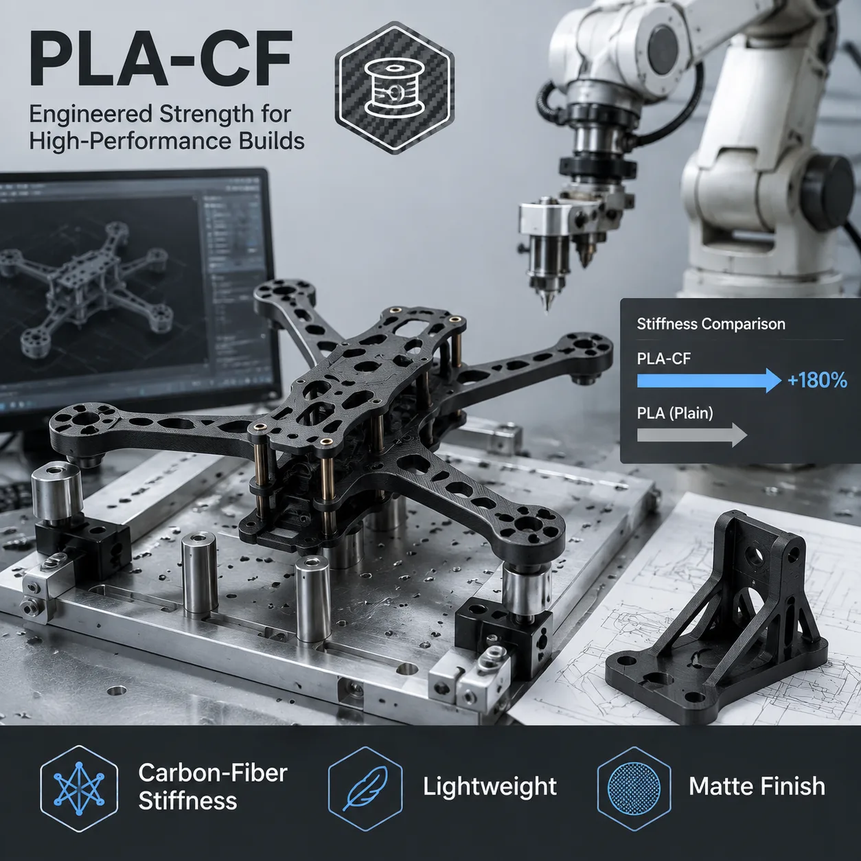 PLA-CF Carbon Fiber Filament 1.75mm 1kg Lightweight High-Stiffness Matte Lava Gray — Scene