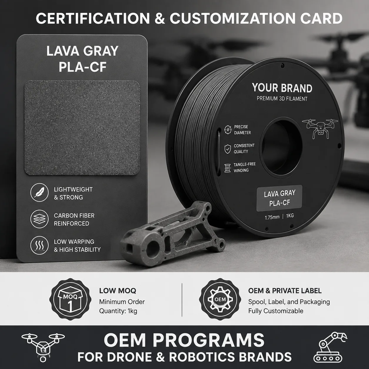 PLA-CF Carbon Fiber Filament 1.75mm 1kg Lightweight High-Stiffness Matte Lava Gray — Product Images