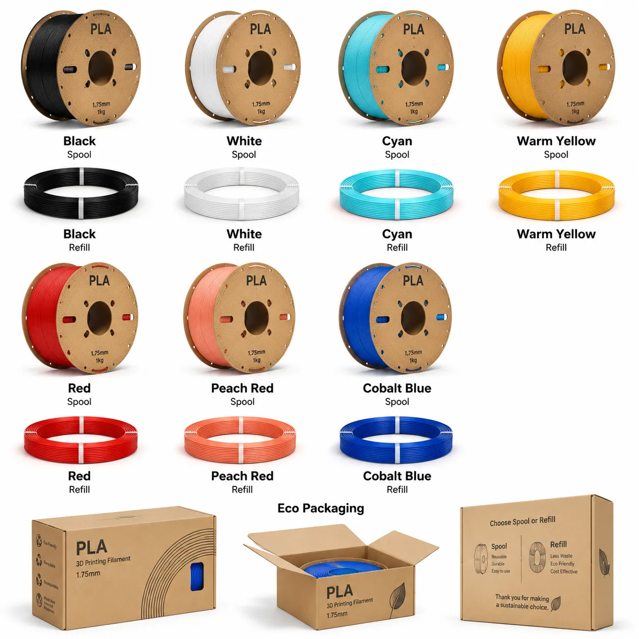 PLA Filament 1.75mm Basic Refill No-Spool & Removable Spool — Product Images
