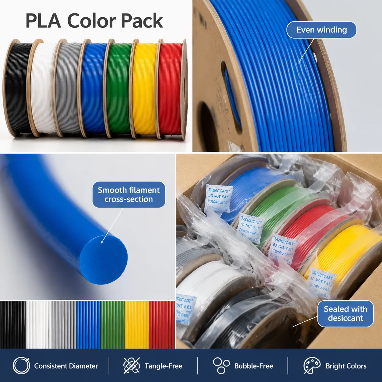 PLA Filament 1.75mm 8 Color Pack with Silk Gold — Close-up