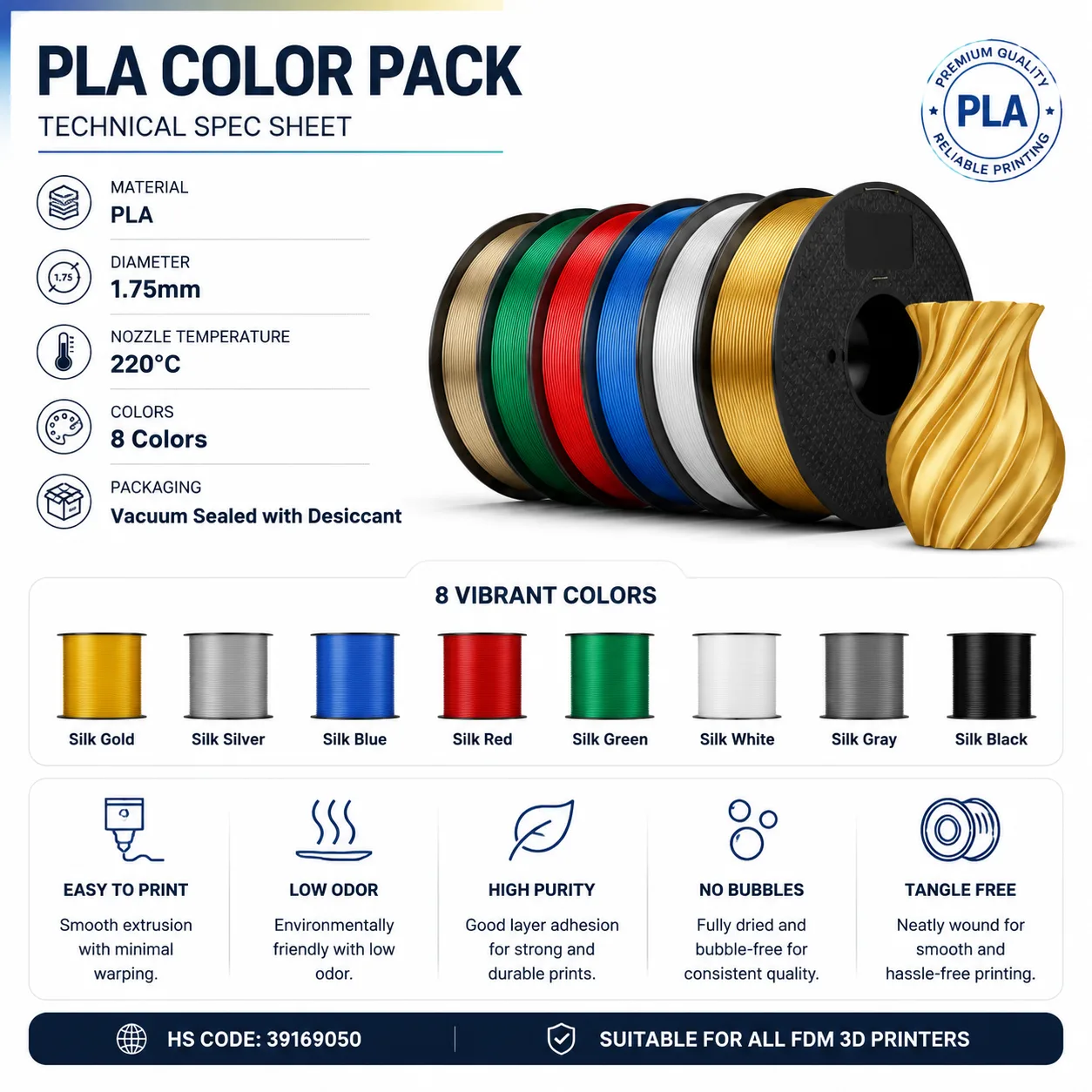 PLA Filament 1.75mm 8 Color Pack with Silk Gold — Spec Sheet