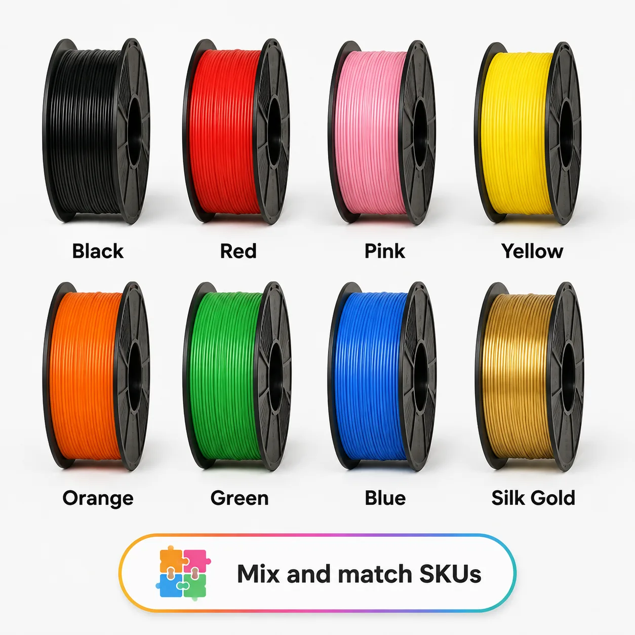 PLA Filament 1.75mm 8 Color Pack with Silk Gold — Product Images