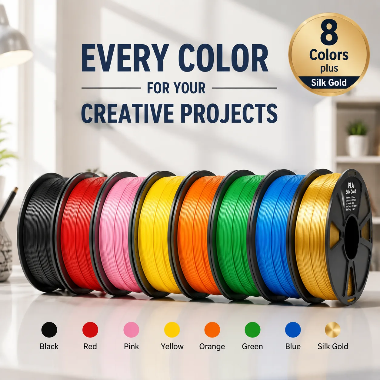 PLA Filament 1.75mm 8 Color Pack with Silk Gold — view 6