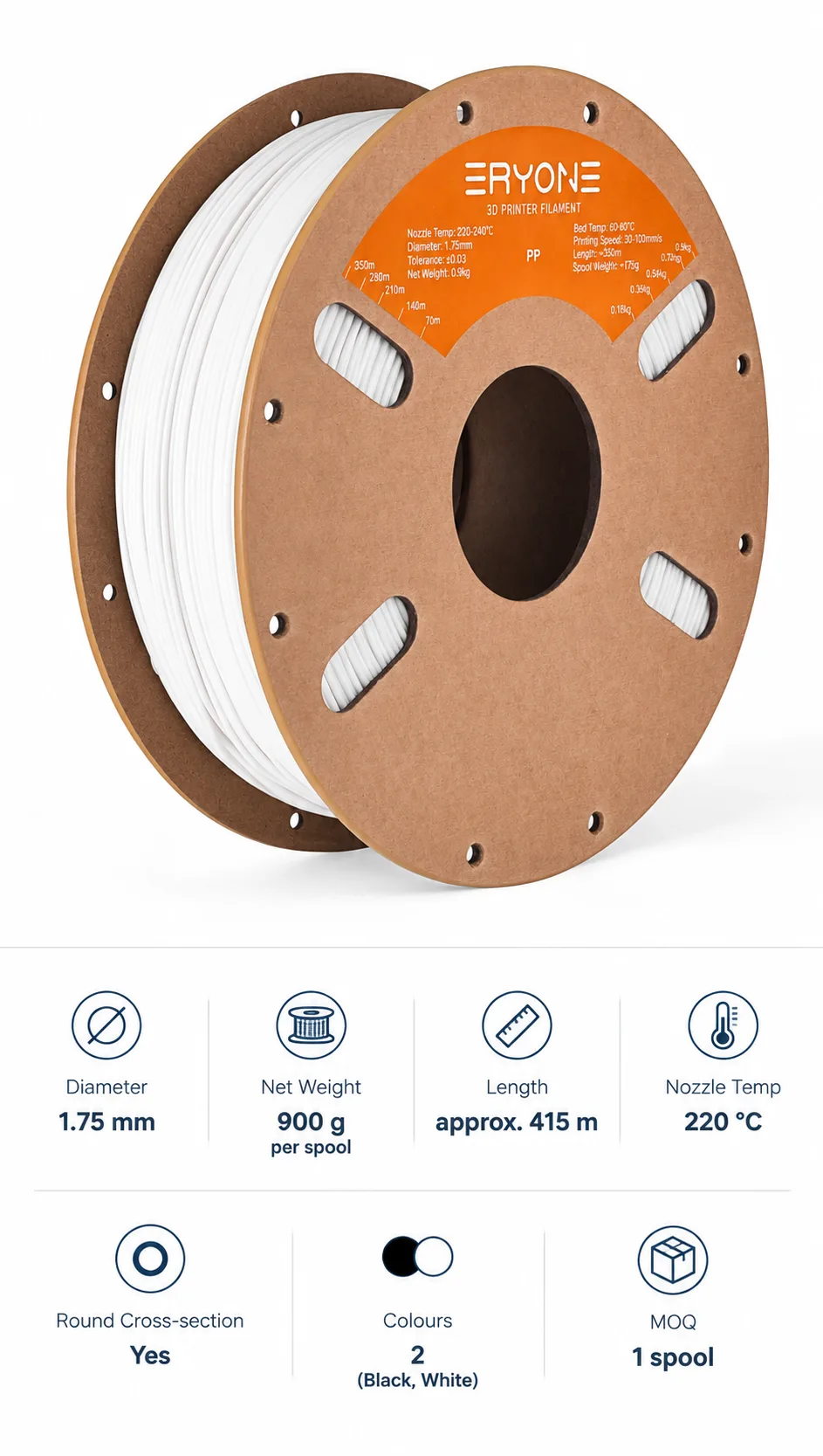 PP Filament 900g 1.75mm Yiqiu3D Chemical-Resistant — Spec Sheet