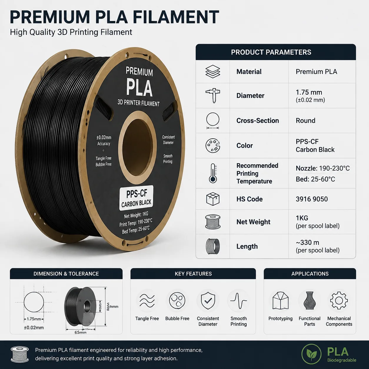 Yiqiu3D Premium PLA Filament 1.75mm High-Purity — Spec Sheet