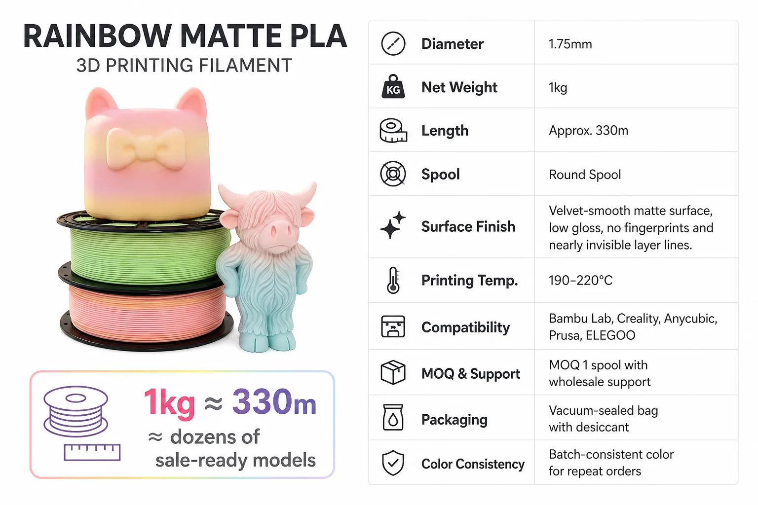 Rainbow Matte PLA Filament 1.75mm 1kg Multi Color Smooth Matte Finish — Spec Sheet