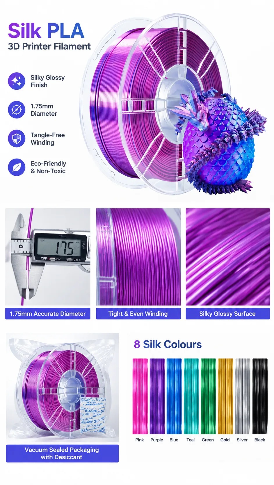 Yiqiu3D Silk PLA Filament 1.75mm 8-Color High-Speed Metallic Shine — Close-up