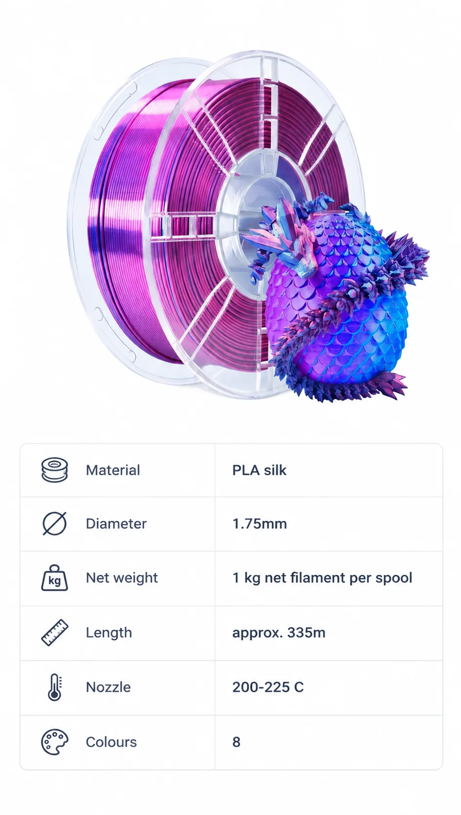 Yiqiu3D Silk PLA Filament 1.75mm 8-Color High-Speed Metallic Shine — Spec Sheet