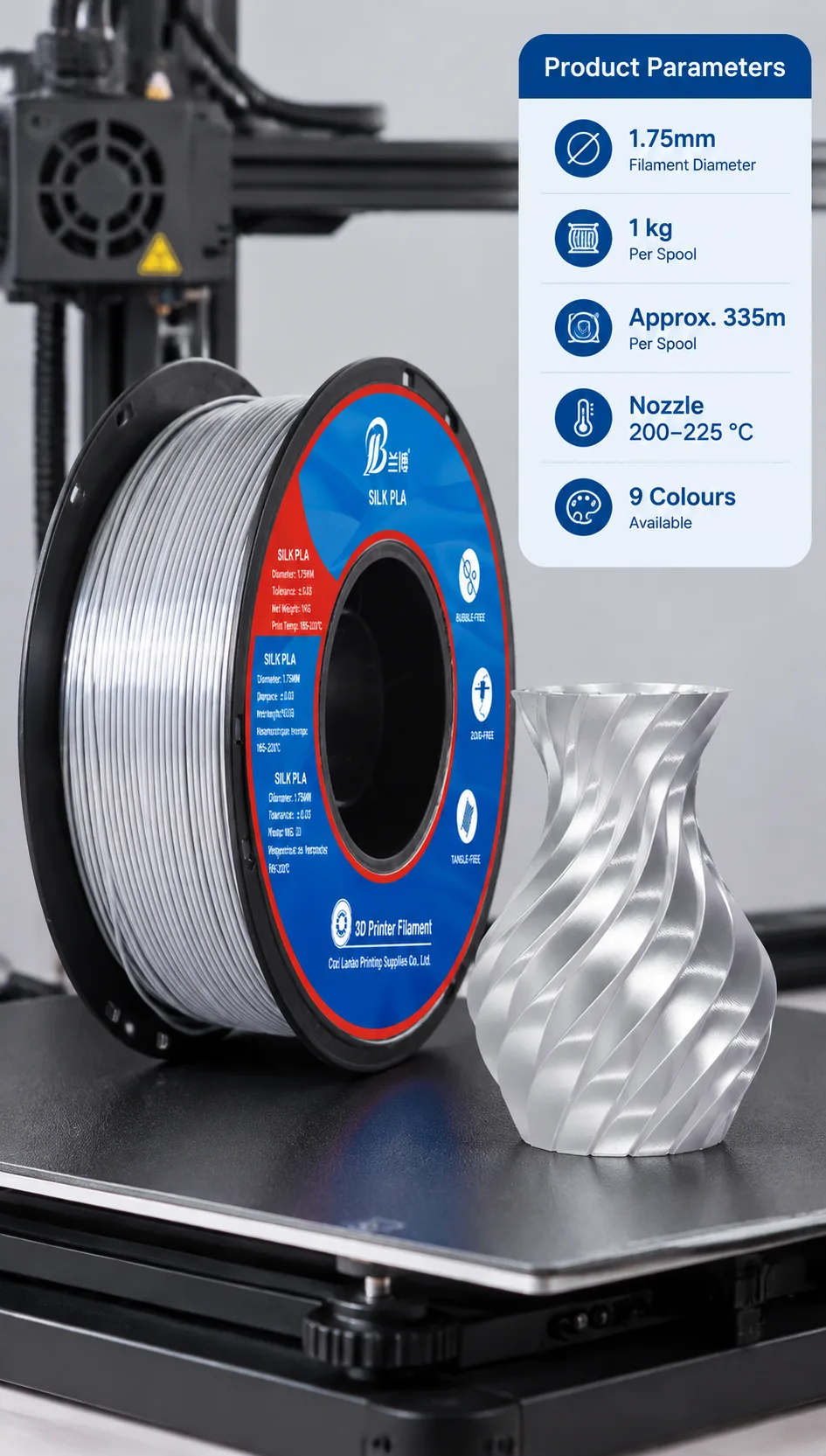 Yiqiu3D Silk PLA 1.75mm 8-Color Pastel Set Clog-Free — Spec Sheet