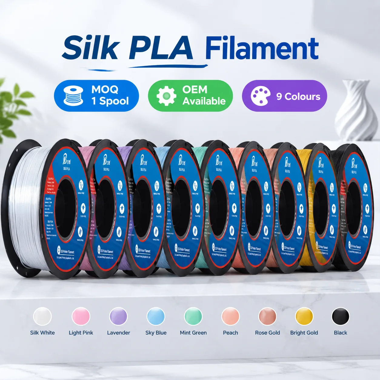 Yiqiu3D Silk PLA 1.75mm 8-Color Pastel Set Clog-Free
