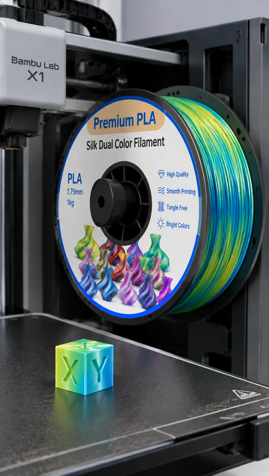 Yiqiu3D Silk PLA Dual & Tri-Color Filament 1.75mm, Laser Metallic Shine, 8 Color Combos — Close-up