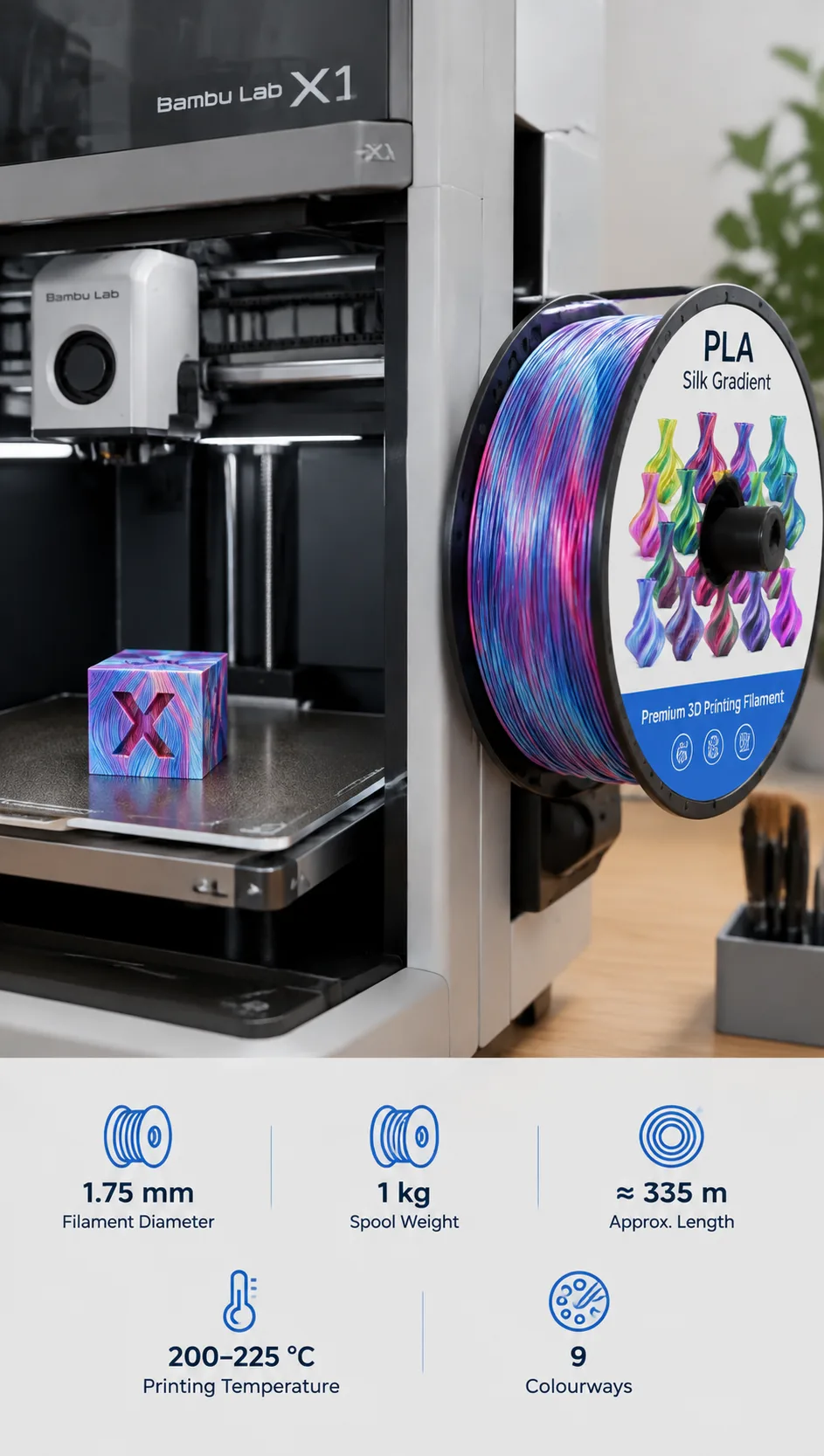Yiqiu3D Silk PLA Dual & Tri-Color Filament 1.75mm, Laser Metallic Shine, 8 Color Combos — Spec Sheet