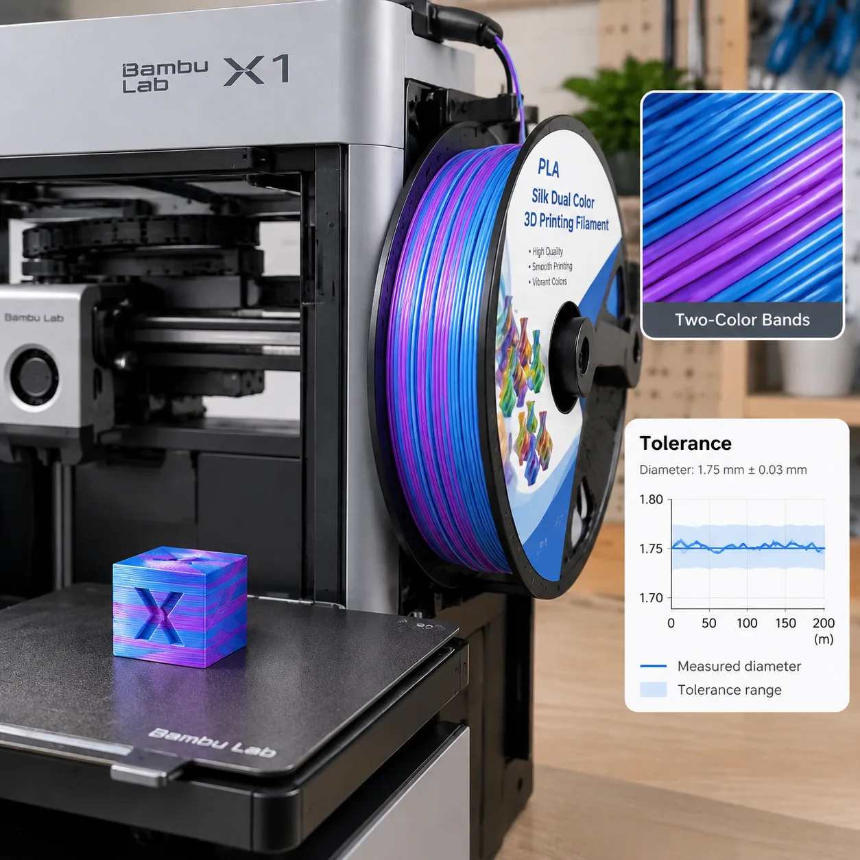Yiqiu3D Silk PLA Dual & Tri-Color Filament 1.75mm, Laser Metallic Shine, 8 Color Combos — Product Images